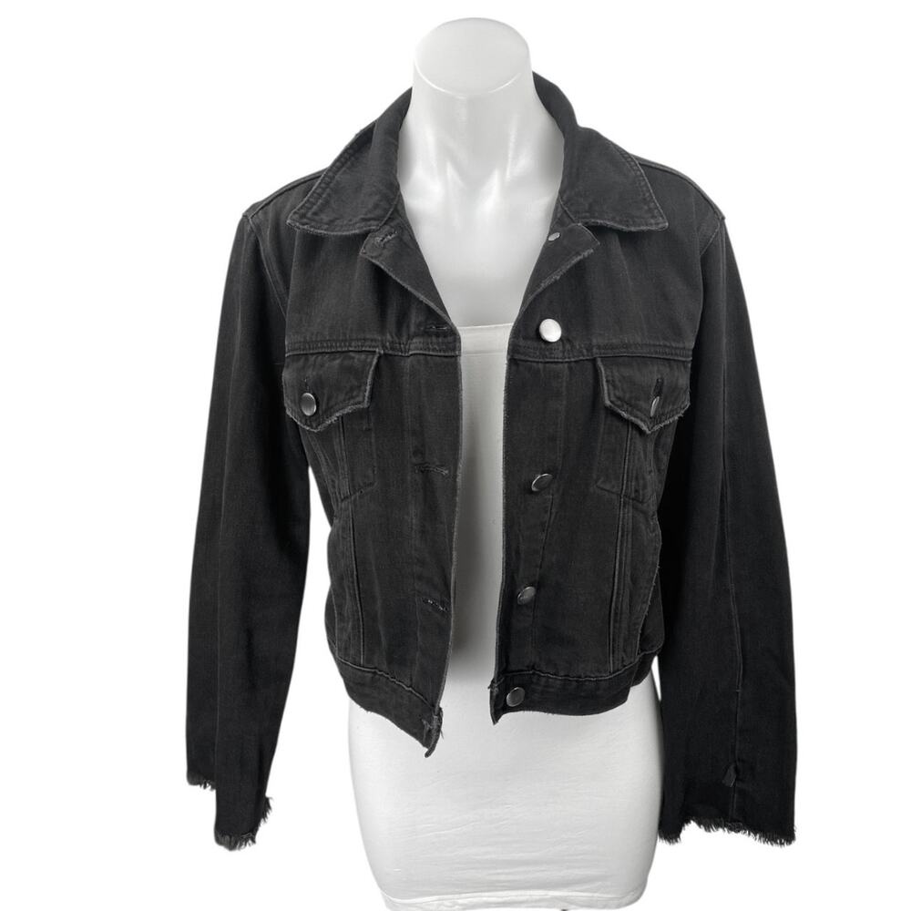 Frame Women's Black Frayed Long Sleeve Button Down Cropped Denim Jacket Size XS